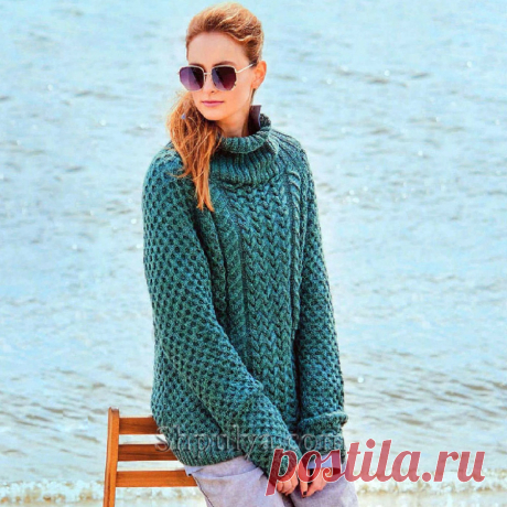 Серо-зеленый пуловер реглан из сот «кос» — Shpulya.com - схемы с описанием для вязания спицами и крючком