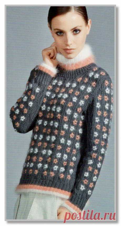 Вязание спицами. Описание женской модели со схемой и выкройкой. Пуловер с вышивкой и бисером. Размеры: 34/36, 38/40, 42/44, 46/48, 50/52
