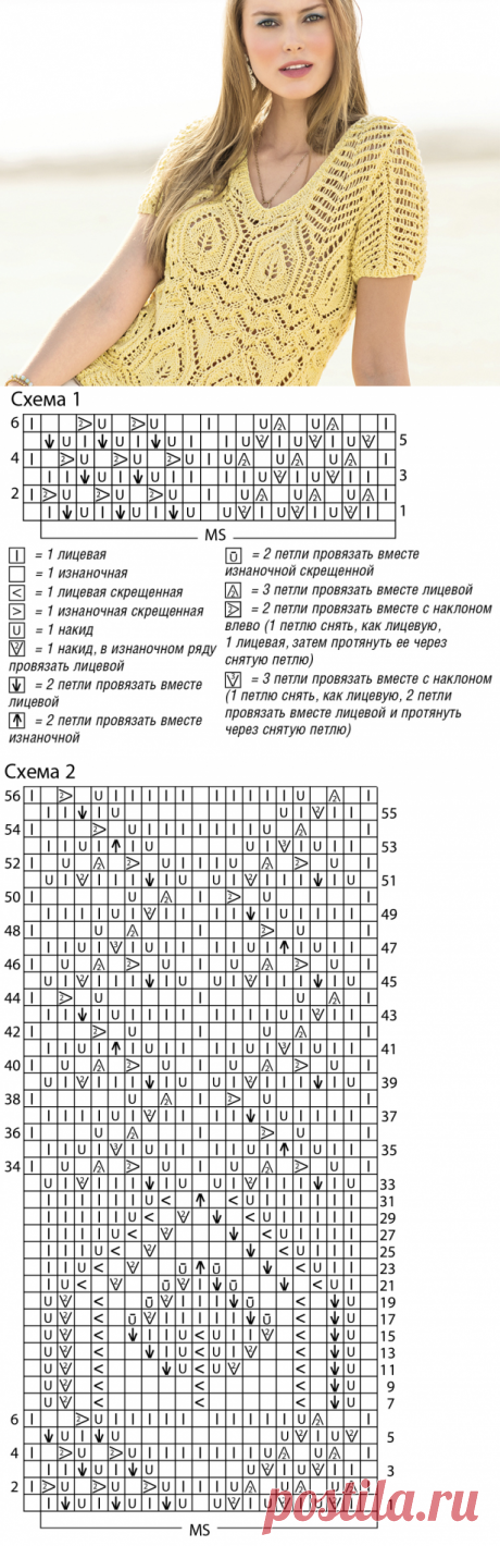 Ажурный пуловер с короткими рукавами - схема вязания спицами. Вяжем Пуловеры на Verena.ru