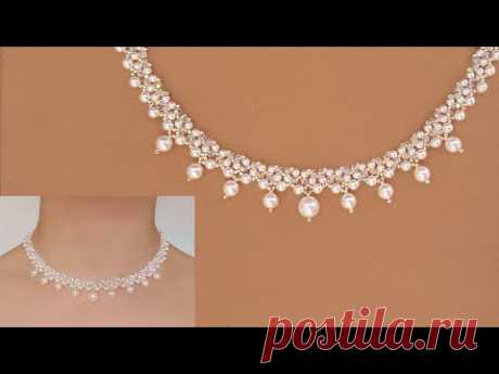 Classic White Pearl and Crystal Beaded Necklace. DIY Wedding Jewelry. Beading Tutorial 白珍珠串珠项链