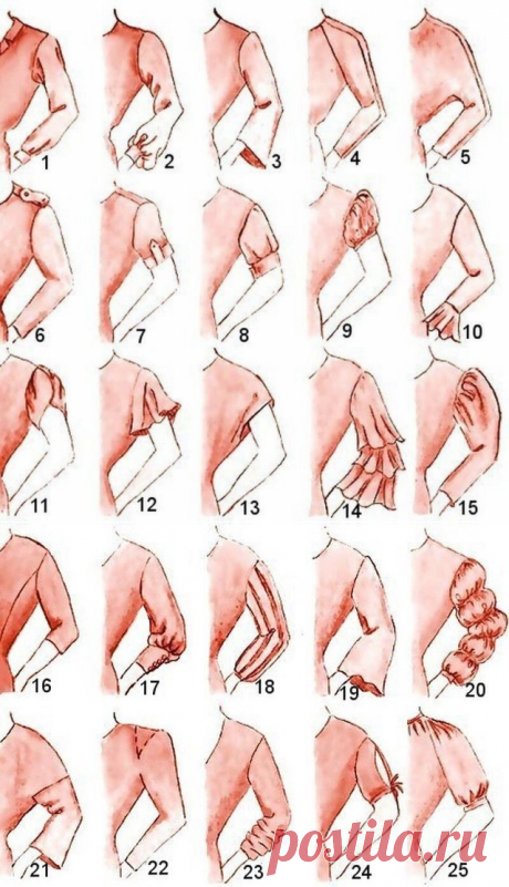 13. Короткий рукав-кимоно, рукав-крылышко.
14. Волановый рукав калипсо.
15. Треугольный рукав.
16. Рукав три четверти.
17. Рукав епископа.
18. Плиссированный.
19. Рукав-пагода.
20. Гофрированный рукав.
21. Классический рукав кимоно.
22. Рукав с подплечником.
23. Узкий рукав.
24. Короткий открытый рукав (по его типу делается и драпированный открытый рукав).
25. Крестьянский рукав.