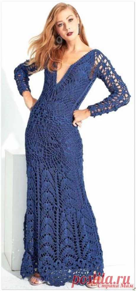 . Вечернее платье  Azul Precioso. Шикарное вечернее платье в пол связанно из сочетания мотивов и клиновидного узора. Размер 38\40 Пряжа 11 мотков по (100 г), цвет 517 (синий);Крючок 2.5 мм  Ag.