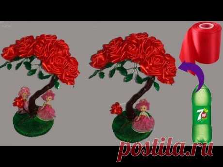 how to make tree with plastic bottles //ribbon flower//plastic bottle tree//dustu pakhe