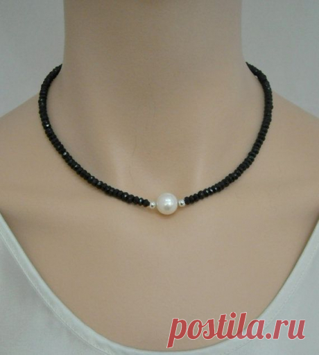 Black spinel necklace with freshwater pearl and sterling silver