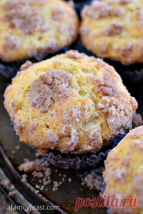 Sour Cream Coffee Cake Muffins - The perfect breakfast muffin! Super moist and delicious thanks to sour cream in the batter and a sweet streusel is baked inside the muffin as well as sprinkled on top!