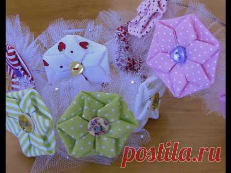 Origami  Fuxico em forma de estrela Passo a Passo- HOW TO MAKE ROLLED RIBBON ROSES- fabric flowers