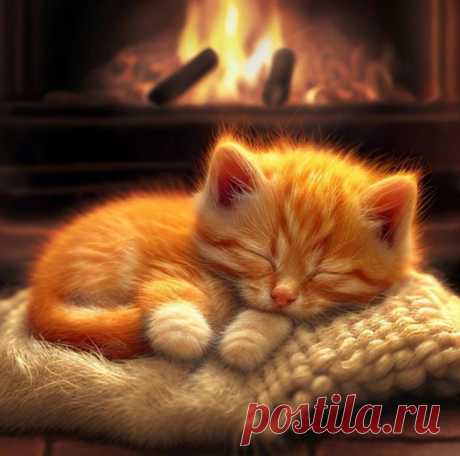 ღМурлыкающий кот и горящий камин делают зиму очень приятной..