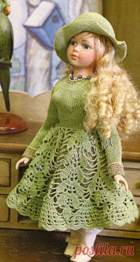 Зеленое платье и шляпка - Вязаная одежда для кукол