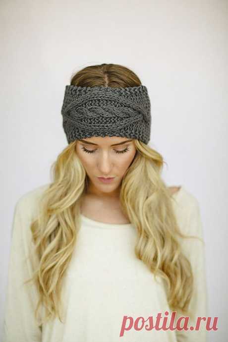 Gray Cable Knitted Headband Ear Warmer Grey by ThreeBirdNest