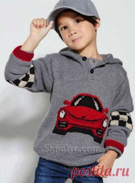 Пуловер с капюшоном и жаккардовым узором для мальчика — Shpulya.com - схемы с описанием для вязания спицами и крючком
