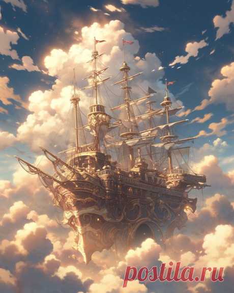 Majestic Steampunk Aerial Ship With Raised Sails - Niji