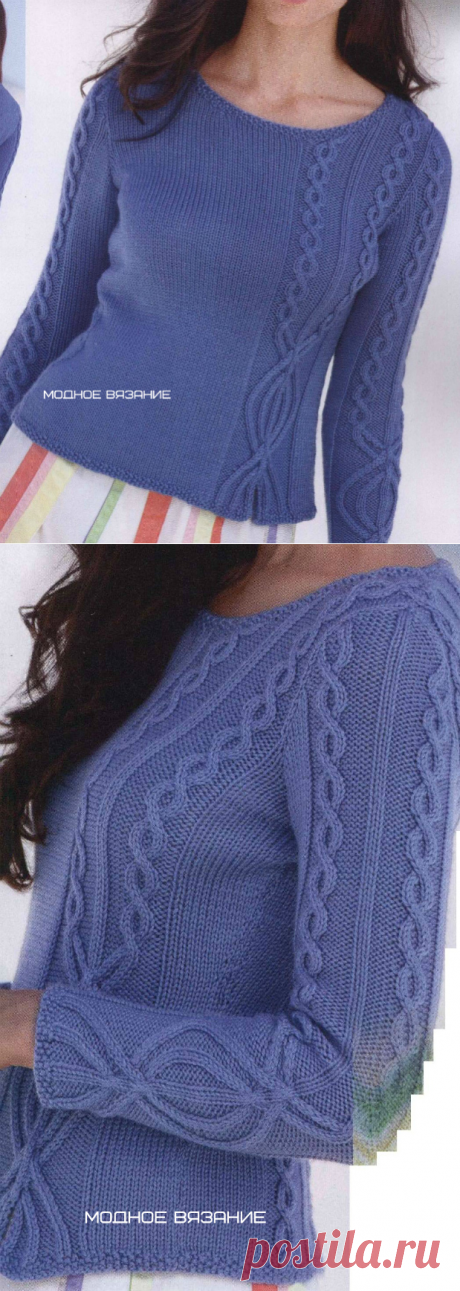 Пуловер спицами с вставками из рельефной косы - Модное вязание