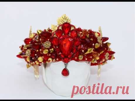 Красная корона ободок в стиле Dolce Gabbana. Презентация.Beaded crown headband in D&G style.