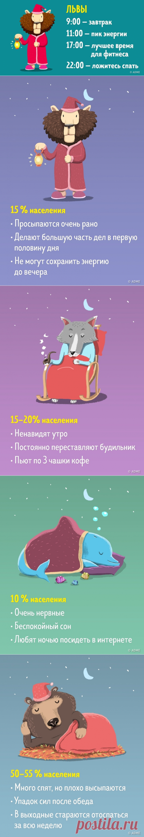 Как выглядит идеальный день, который соответствует вашему хронотипу Согласно эксперту-сомнологу Майклу Бреусу (Michael Breus), разобравшись в своем типе сна, можно повысить эффективность в работе и в разы меньше уставать. На основе наблюдений за пациентами он выделил 4 хронотипа: «медведи», «львы», «волки» и «дельфины». И рассказал, что если вы чувствуете себя уставшим, вам сложно вставать утром, а работа не идет, то, вероятно, вы не следуете распорядку дня своего хронотип...