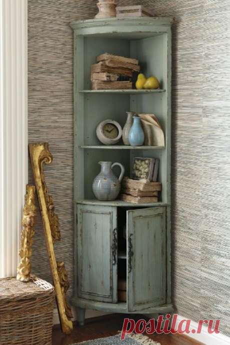 Maldives Corner Cabinet - Distressed Cabinet, Pale Green Cabinet, Open Shelf Cabinet | Soft Surroundings