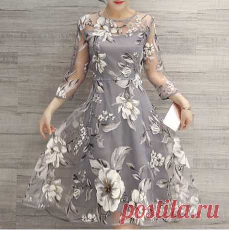 Charming Round Neck 3/4 Sleeve Floral Print See-Through Dress For Women Print Dresses | RoseGal.com