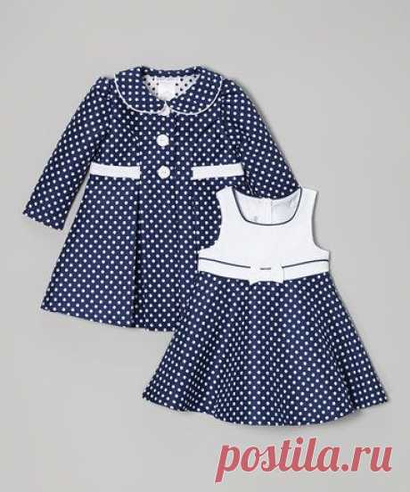 Navy Polka Dot Dress &amp; Coat - Infant, Toddler &amp; Girls' Plus