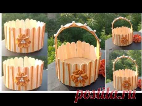 Diy Ice cream Stick Flower Basket /Amazing Basket Idea with Popsicle Sticks /Popsicle Stick Craft