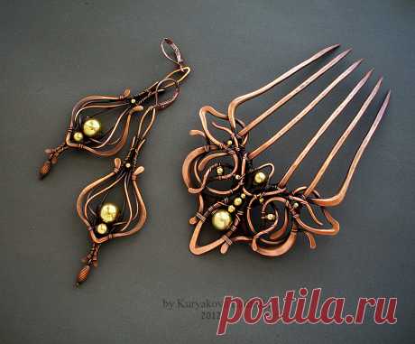 LILY SET set - earrings and comb copper, brass, patinated SOLD