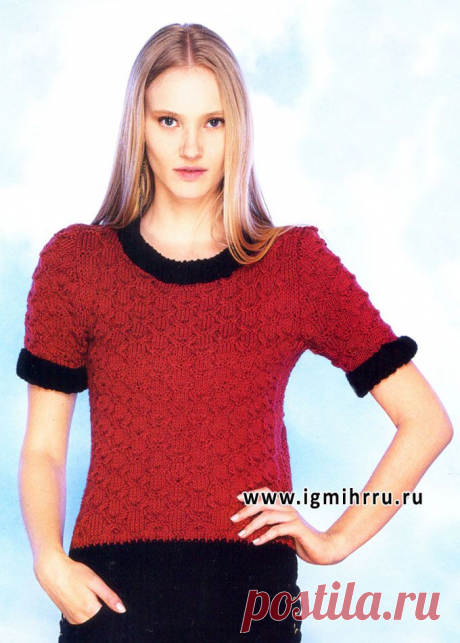 Темно-красный пуловер фантазийным узором с отделкой тёмной пряжей. Спицы. Размер: 34-36 / 38-40 / 42-44 / 46-48 / 50-52. / Igmihrru.ru