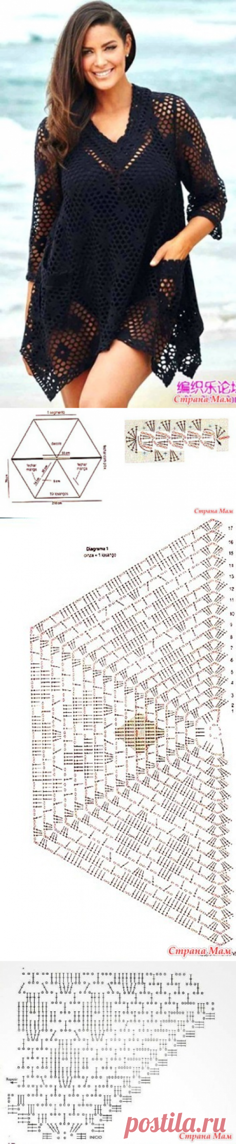 . Черное волшебсво. Шестиграная пляжная туника. - Все в ажуре... (вязание крючком) - Страна Мам