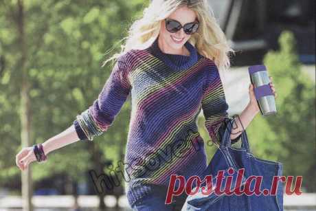 Весенний свитер - Хитсовет Красивый весенний свитер для женщин связанный по диагонали из секционной пряжи с пошаговым бесплатным описанием вязания.