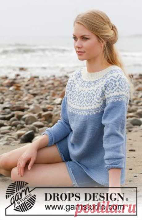 Periwinkle / DROPS 191-1 - Free knitting patterns by DROPS Design Knitted jumper with round yoke, multi-coloured Norwegian pattern and A-shape. Size: S - XXXL Piece is knitted in DROPS Merino Extra Fine.