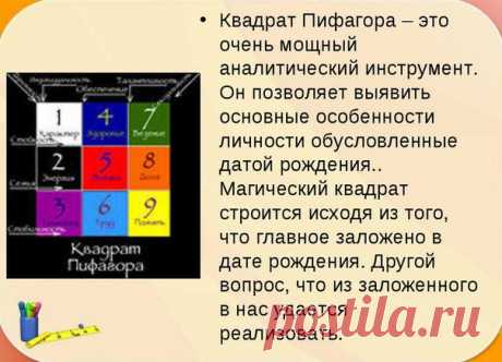 Квадрат Пифагора: узнай характер по дате рождения Эти нехитрые вычисления помогут вам раскрыть характер человека. Для этого нужно узнать дату рождения.  Например, этот человек родился 19.03.1983. Начинаем складывать: 1) цифры дня и месяца рождения: 1+9+3=13; 2) цифры года рождения: 1+9+8+3=21; 3) и, наконец, два полученных числа: 13+21=34. Получилось 34-первое рабочее число. Теперь сложите цифры первого рабочего числа: 3+4=7 7-второе рабочее число Из …