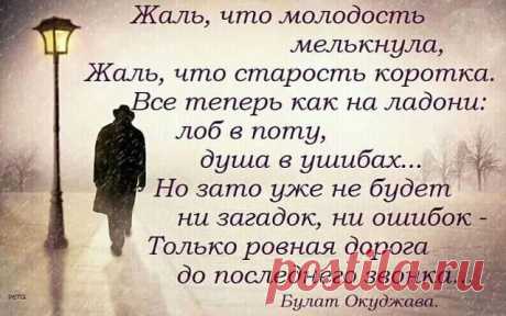 Быстро молодость проходит, дни счастливые крадет.
Что назначено судьбою - обязательно случится:
то ли самое прекрасное в окошко постучится,
то ли самое напрасное в объятья упадет.

Так не делайте ж запасов из любви и доброты
и про черный день грядущий не копите милосердие:
пропадет ни за понюшку ваше горькое усердие,
лягут ранние морщины от напрасной суеты.

Жаль, что молодость мелькнула, жаль, что старость коротка.
Все теперь как на ладони: лоб в поту, душа в ушибах...
Но...