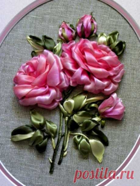 Как вышить миниатюру «Розы» лентами — Рукоделие