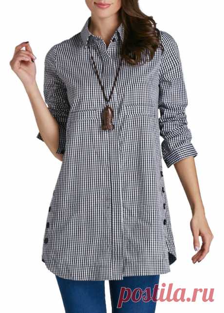 Curved Turndown Collar Button Up Plaid Print Shirt | liligal.com - USD $29.22