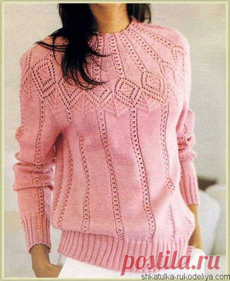 Пуловер к красивой кокеткой Пуловер к красивой кокеткой спицами. Розовый женский пуловер спицами описание