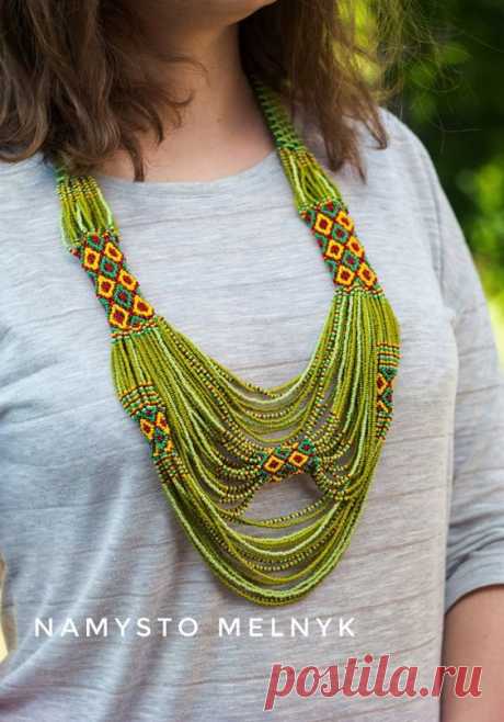 Ethnique olive yellow Ukrainian jewelry of beads. Statement necklace long necklace in ethno style, G
