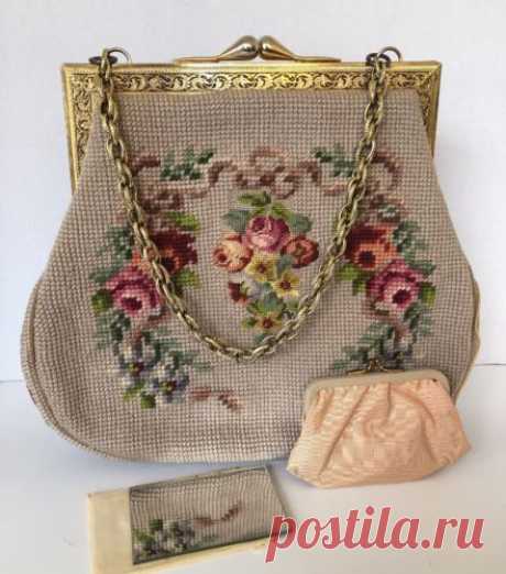 +Needlepoint Handbag Beige Floral Pockets Zipper Gold Chain Change Purse Mirror | eBay