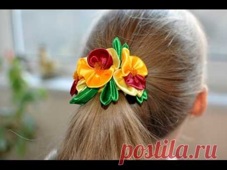 МК Канзаши   Резинка для волос  Анютины глазки /DIY Kanzashi Flowers