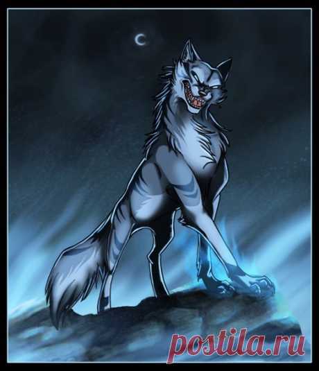 Фото Улыбающийся волк на фоне ночного неба с серпом луны, страница