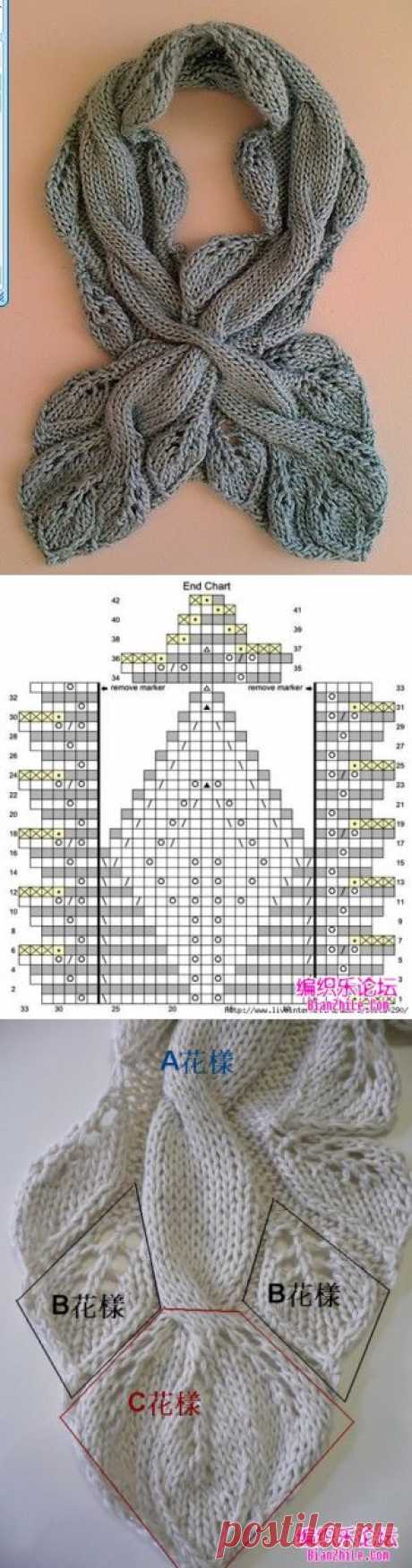 Шарф спицами узором листья.