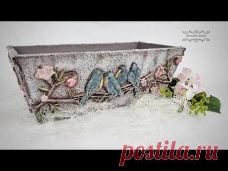 Decoupage # wooden container and birds # flowerpot #pentart # DIY tutorial...