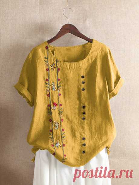 модный Летняя футболка с короткими рукавами и вышивкой из чешского цветка онлайн - NewChic