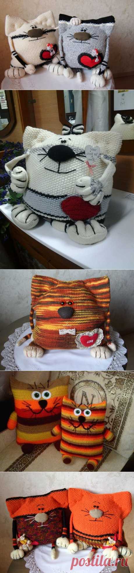 Вязаные спицами подушки-коты | Лаборатория домашнего хозяйства..Можно использовать стары свитера