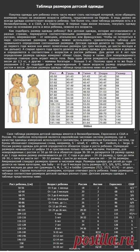 Таблицы размеров детской одежды (Россия, Англия, ЕС, США)