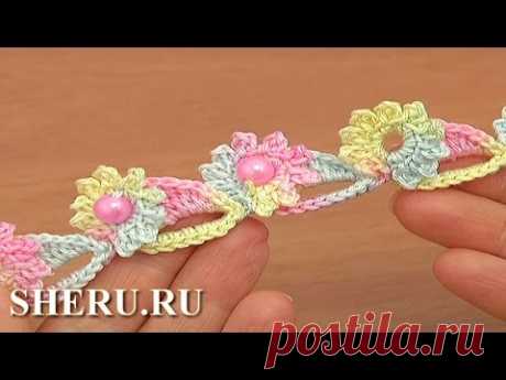 How To Crochet Floral Cord With Beads Урок 72 Цветочные элементы в шнуре - YouTube