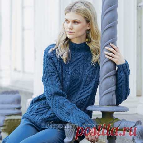 Синий теплый пуловер с выразительными переплетениями — Shpulya.com - схемы с описанием для вязания спицами и крючком