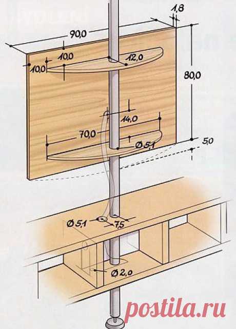 Поворотная полка-панель для плоского телевизора - вещь практичная, к тому же выглядит элегантно. Изготовление ее несложно, осилит это и домашний умелец. 
Если хотим видеть экран телевизора из любого угла комнаты, то по достоинству оценим такую поворотную полку-панель, достаточно ее повернуть. Эта легкая конструкция гораздо проще, чем кажется на первый взгляд. Основа конструкции - алюминиевая трубка, кроме того потребуются фанерные держатели   панели для телевизора и полка Стольмен из Икеи.