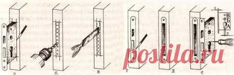 Врезаем замок в межкомнатную дверь

Набор инструментов: ручной фрезер с набором фрез, дрель, шуруповерт, угольник, рулетка, стамеска, молоток, умелые руки.

Инструкция:

1. Полотно двери закрепляем жестко на боку в вертикальном положении.

2. Размечаем место под язычок замка, отмерив от нижней части двери необходимое расстояние (около 1 метра, но оно может быть и другим).

3. Прикладываем к полотну замок так, чтобы разметочная линия находилась по центру отверстия под язычо...