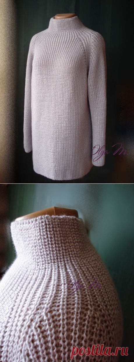 Модель оверсайз, реглан, воротник – широкая стойка, свитер связан вкруговую ,