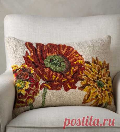 3 Fall Flowers Hand-Hooked Wool Decorative Throw Pillow | Bedroom D&eacute;cor | Bedroom | Bed + Bath | VivaTerra This beautiful 3 Fall Flowers Hand-hooked Wool Pillow is exclusively designed to showcase bold, colorful fall blooms. A perfect seasonal accent to showcase these cool-weathered botanicals. The design is rendered in 100% hooked-wool and finished with a cream linen back. Every pillow includes a natural down feather filled insert for a plush look and sof...
