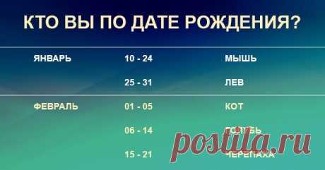 Узнайте, какое вы животное по дате рождения Узнайте, какое ваше тотемное животное в зависимости от даты рождения.