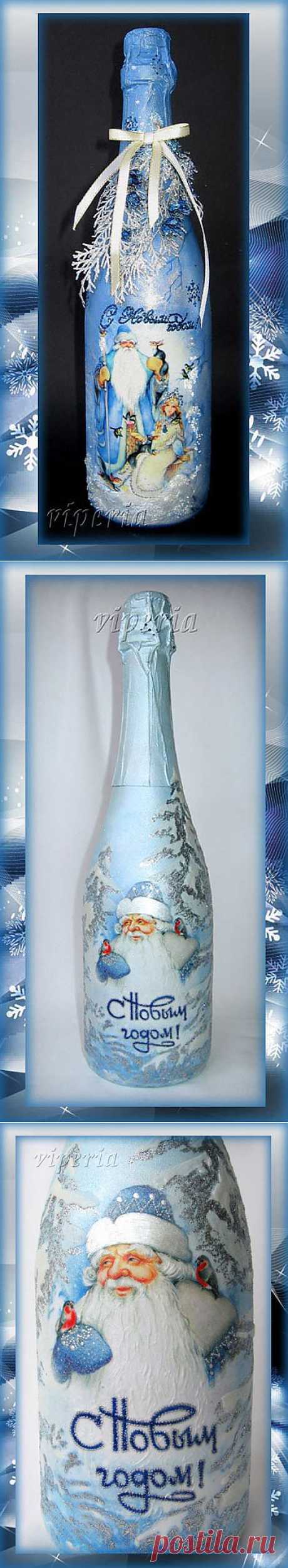 Мастер-класс по декупажу новогоднего шампанского с использованием распечаток (полная версия).