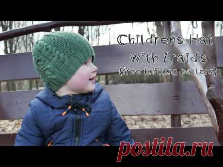 Детская шапка мальчику с косами спицами 🦎 Childrens hat knitting pattern